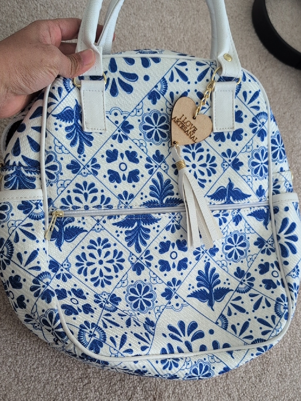 Blue & White Floral Tile Print Women's Bag
